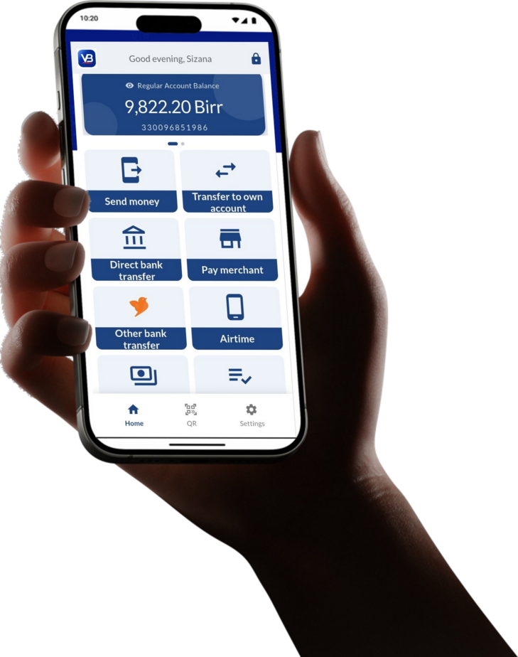 Hand holding a phone with the VitaBirr payment app open